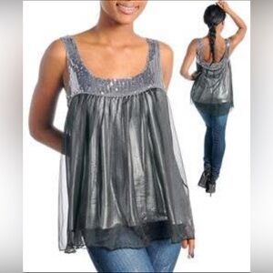 Double Zero Sequined Women's Tank Top Black/Silver Sheer Overlay Glam Loose